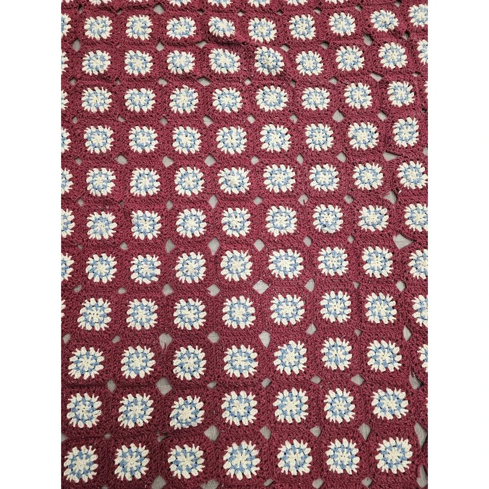 Handmade Crochet Granny Square Throw Blanket Afghan 63x75 Red Retro Boho‎ Decor